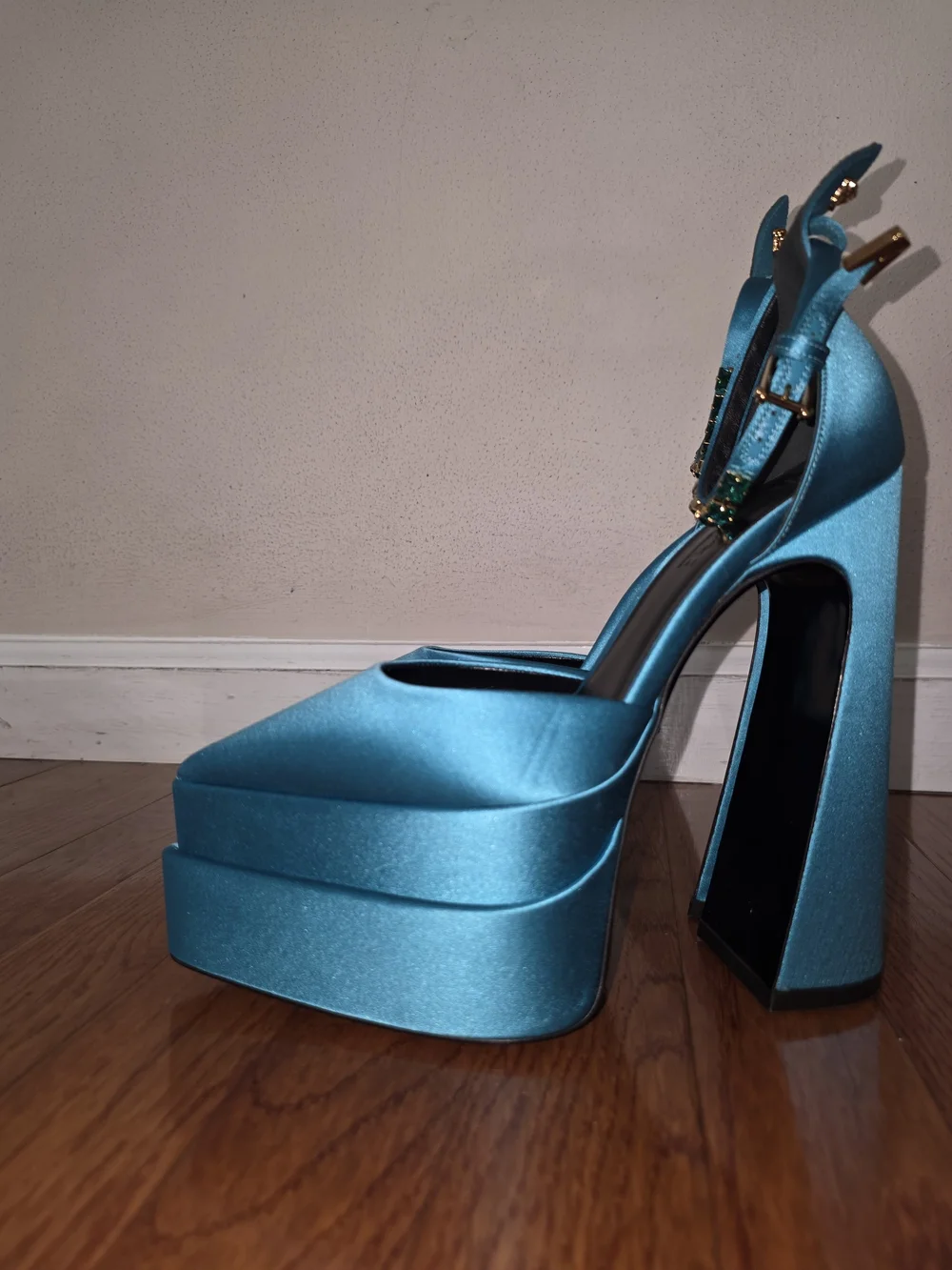 Versace Teal Satin Platform Slingback Heels with Jeweled Anklet